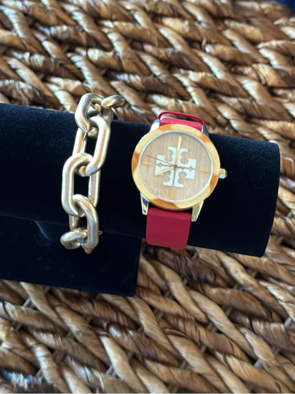 Tory Burch Red Leather Reva Watch with Gold Case 36 mm